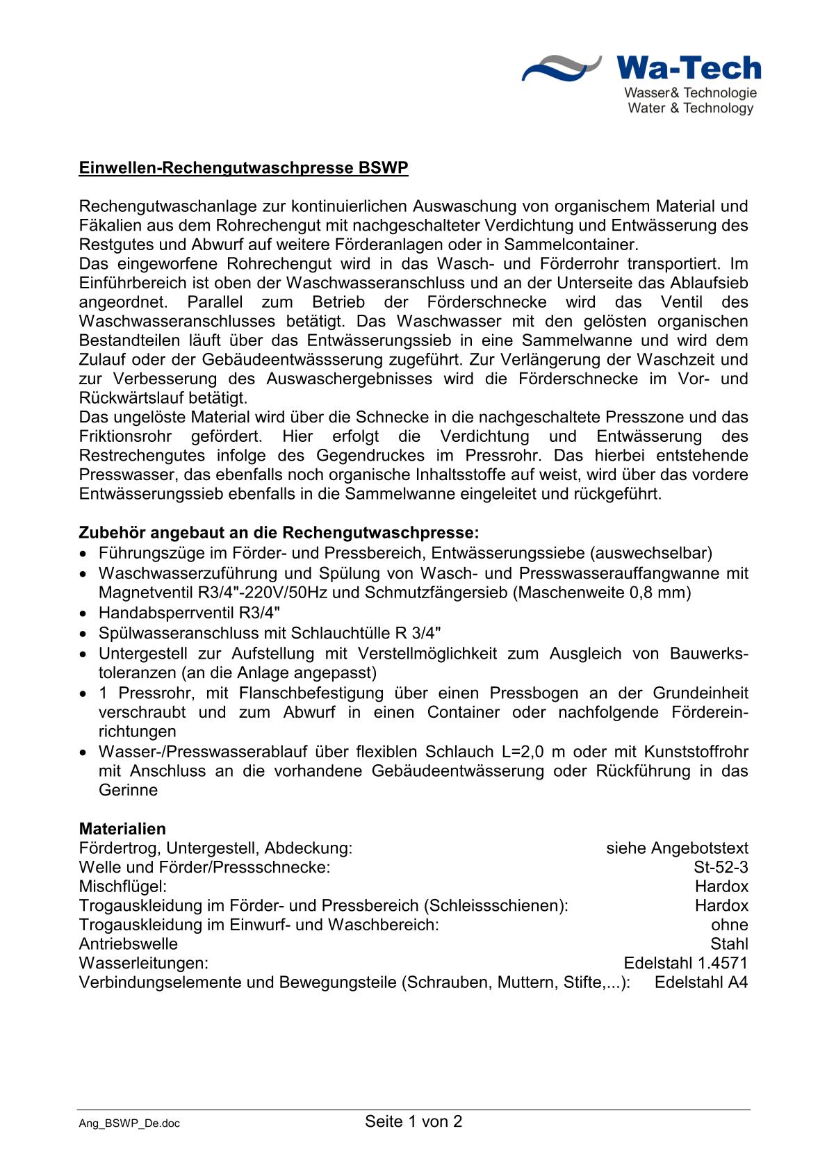Prospekt Einwellen-Rechengutwaschpresse BSWP